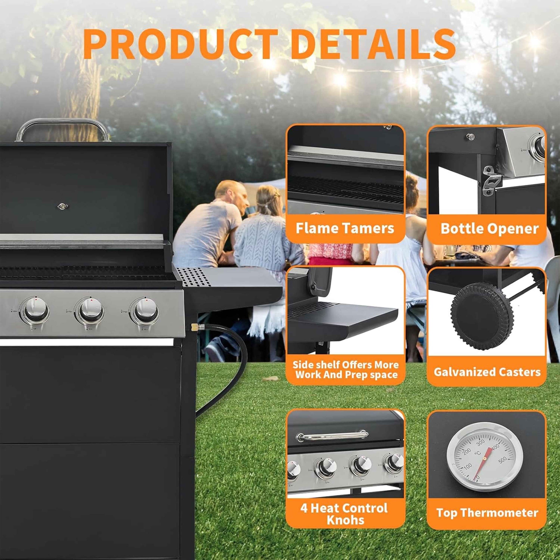 Furnibear 4 Burner BBQ Propane Gas Grill, Stainless Steel 34,000 BTU Patio Garden Barbecue Grill with Two Foldable Shelves