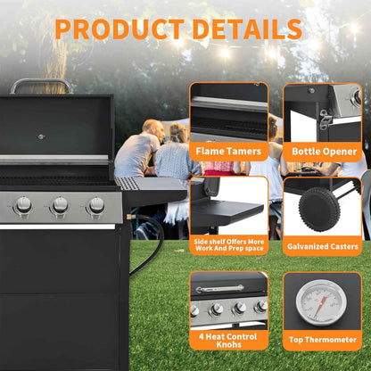 Furnibear 4 Burner BBQ Propane Gas Grill, Stainless Steel 34,000 BTU Patio Garden Barbecue Grill with Two Foldable Shelves
