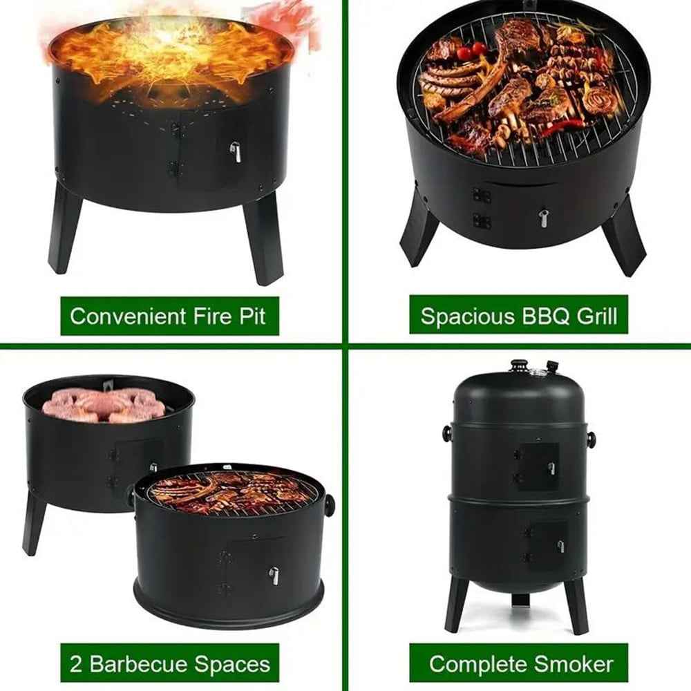 TOPTENG Vertical Charcoal BBQ Smoker, 3-in-1 16" Round Charcoal Barbecue Grill with 2 Cooking Area, and Thermometer for Outdoor Camping Picnic Backyard Cooking, Black