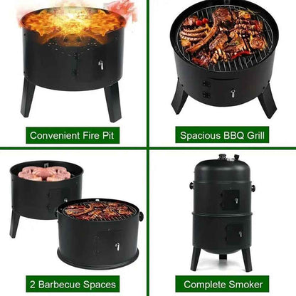 TOPTENG Vertical Charcoal BBQ Smoker, 3-in-1 16" Round Charcoal Barbecue Grill with 2 Cooking Area, and Thermometer for Outdoor Camping Picnic Backyard Cooking, Black