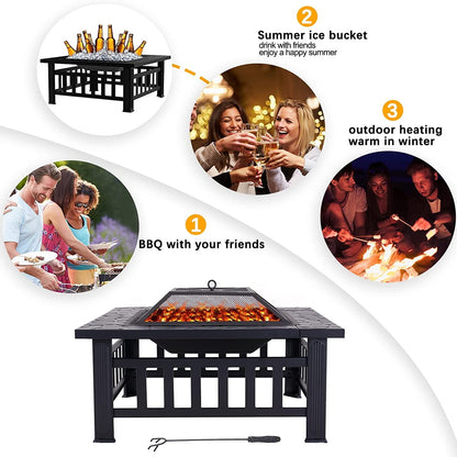32'' Multipurpose Fire Pit, Outdoor Fire Pit Table for Net Lid/Poker, Square Bronze Firepit Stove for Outside Camping Backyard Bonfire - Home OXO