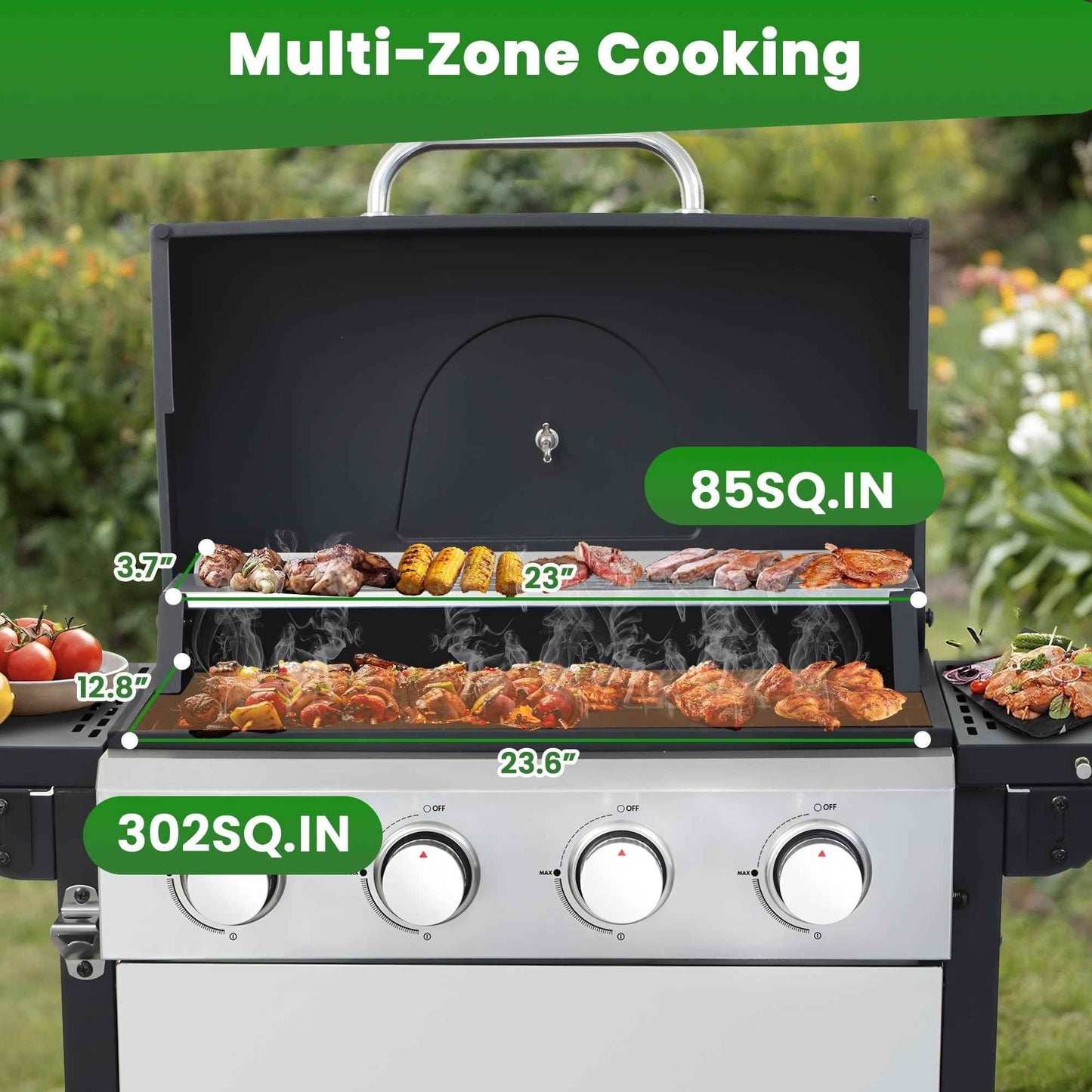 Seizeen 4 Burner Propane Gas Grill, Powerful 34,200BTU Outdoor BBQ Grill on Wheels, Stainless Steel Grill with Thermometer Foldable Table Storage Box, for RV Party Camping Patio