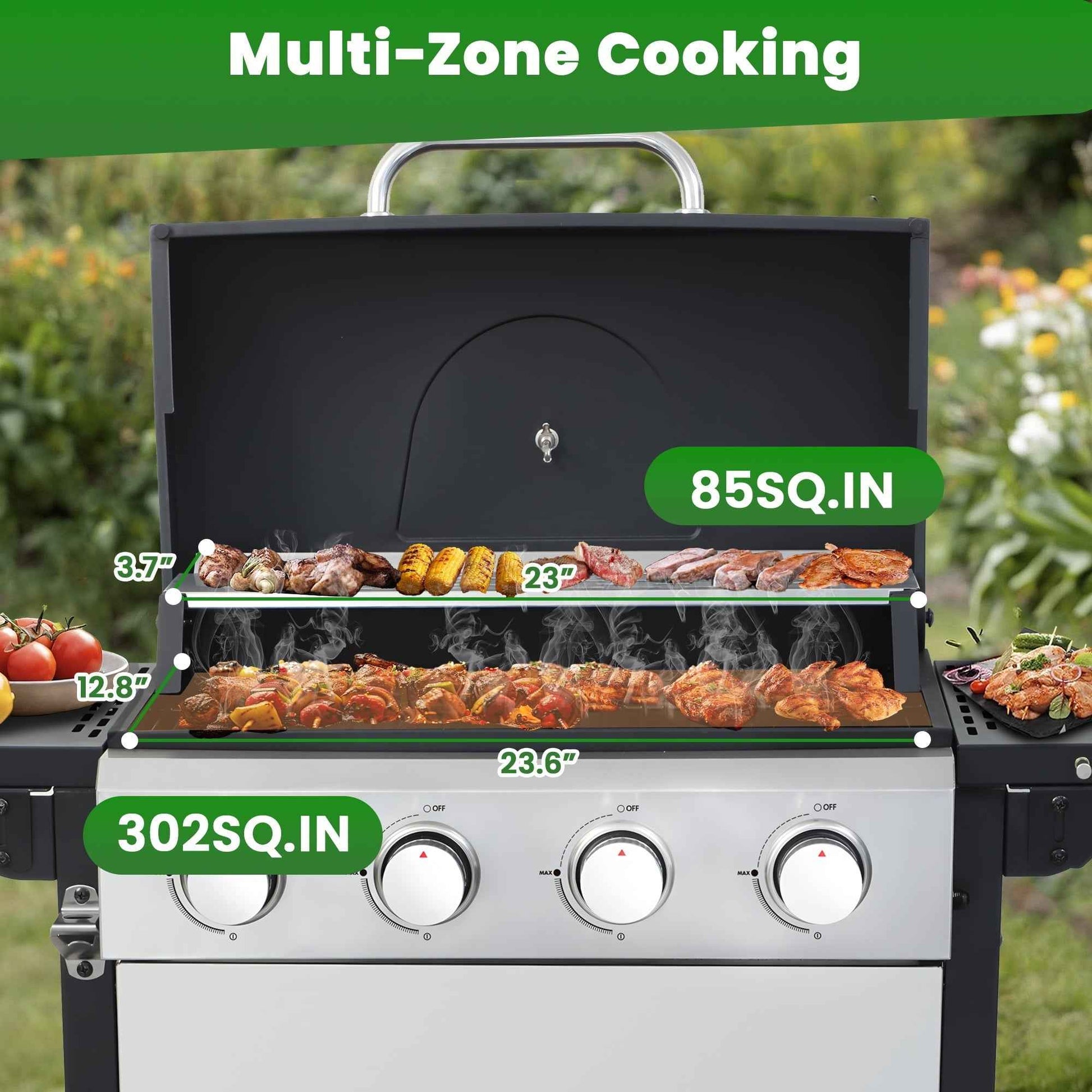 Seizeen 4 Burner Propane Gas Grill, Powerful 34,200BTU Outdoor BBQ Grill on Wheels, Stainless Steel Grill with Thermometer Foldable Table Storage Box, for RV Party Camping Patio