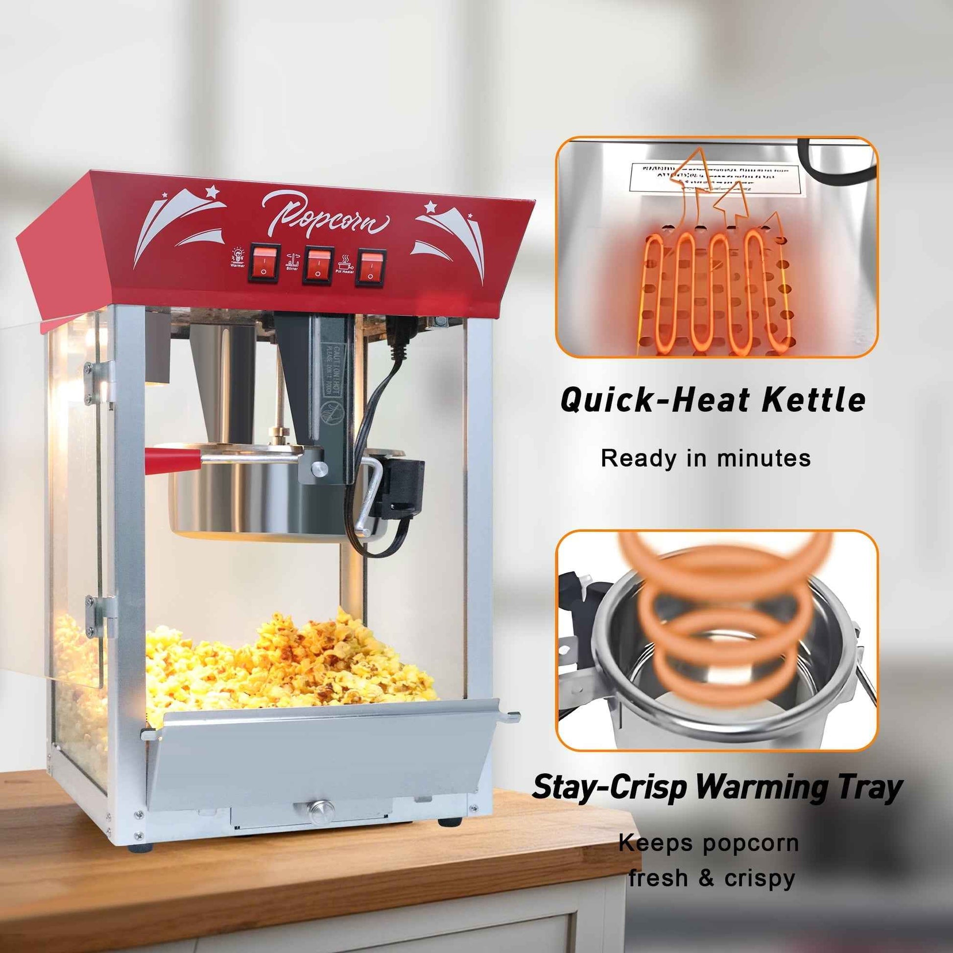 Commercial Popcorn Maker Machine, Enyopro 12oz Kettle Stainless Steel Popcorn Machine with Tempered Glass, Warming Deck, 850W Countertop Popcorn Popper for Movie Theatre, Parties