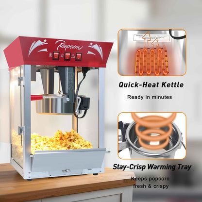 Commercial Popcorn Maker Machine, Enyopro 12oz Kettle Stainless Steel Popcorn Machine with Tempered Glass, Warming Deck, 850W Countertop Popcorn Popper for Movie Theatre, Parties