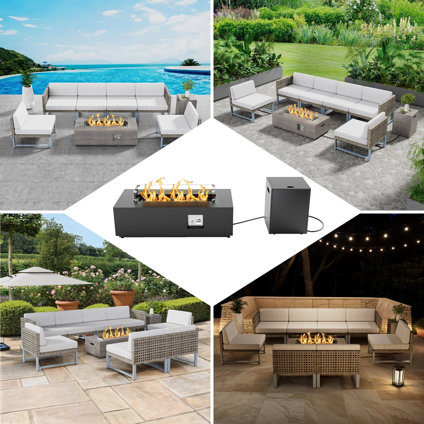 Evita 42" Propane Fire Pit Table for Outdoor 50,000 BTU Gas Fire Pits with Lid ,Glass stone,Tank Cover - Home OXO