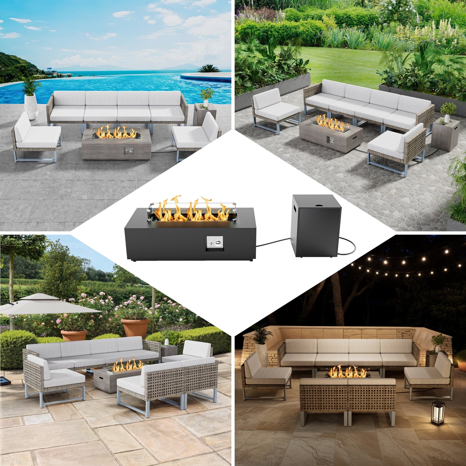 Evita 42" Propane Fire Pit Table for Outdoor 50,000 BTU Gas Fire Pits with Lid ,Glass stone,Tank Cover - Home OXO