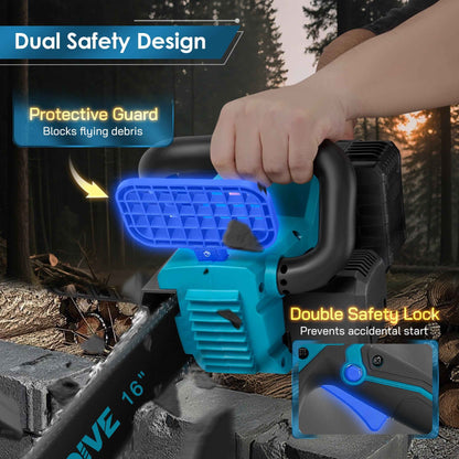 RELOIVE 16" Cordless Electric Chainsaw with Brushless Motor, 26000 RPM, 42.6 FT/S Chain Speed, Two 4.5Ah Batteries, 4 Chains, Handheld Wood Cutting Tool