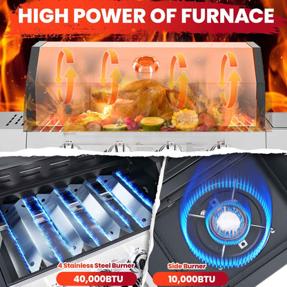 Seizeen 4-Burner Stainless Steel Gas Grill with Side Burner, 46,790 BTU, Enameled Cast Iron Grate, Outdoor BBQ