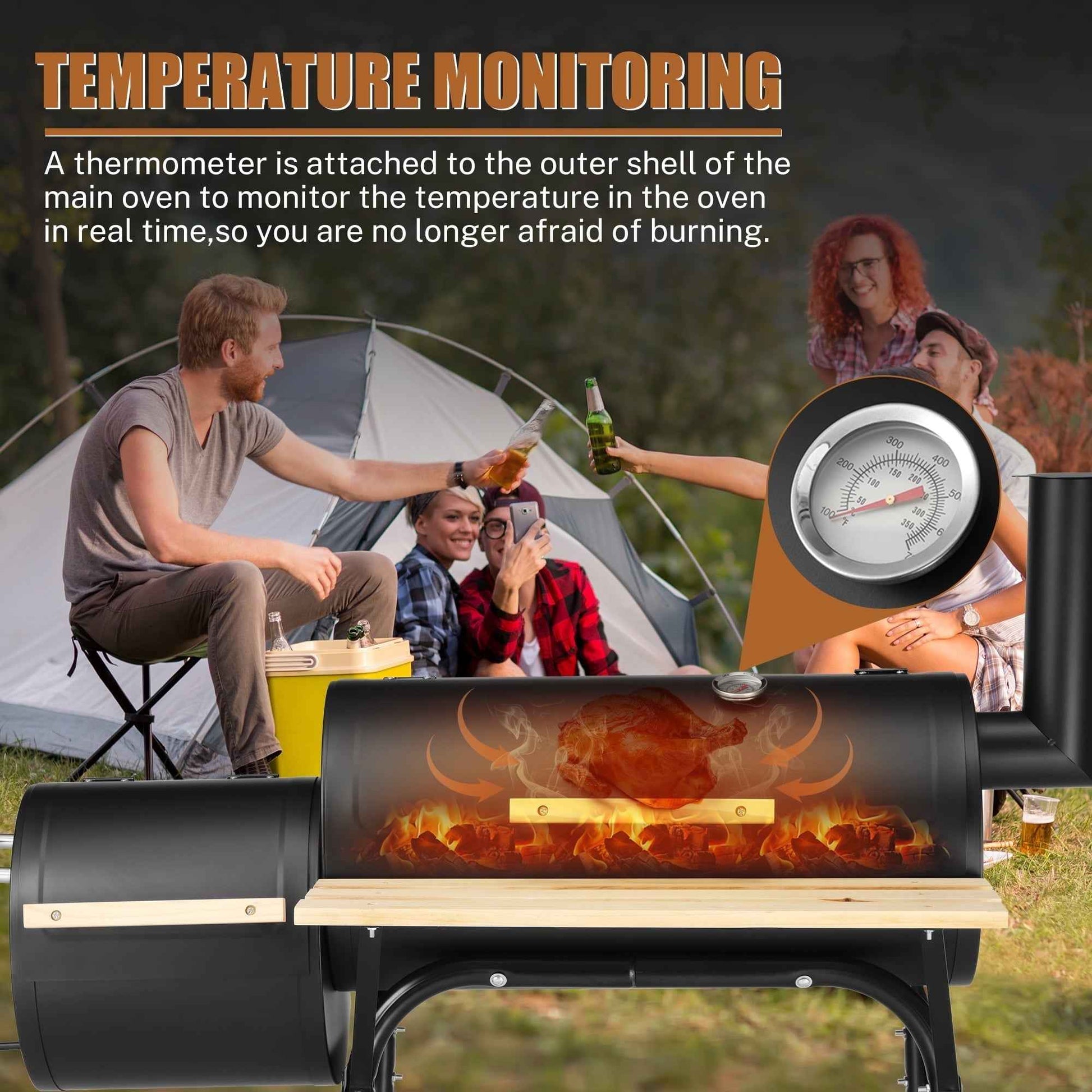 Enyopro Charcoal Grill, Portable BBQ Grill & Smoker Combo, with Offset Smoker and Wood Shelf, Thermometer, Wheels, for Outdoor Picnic, Patio, Backyard, Camping