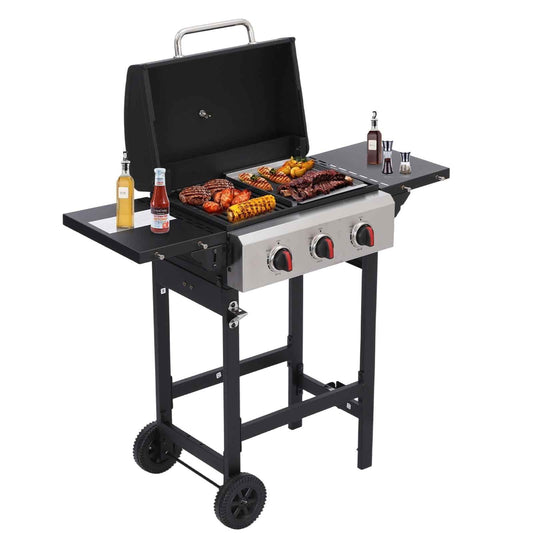 CIG GARDEN 3 Burner Propane Gas Grill, 31,500 BTU Output Outdoor BBQ Grill with Cast Iron Grates and Versatile Mini Grill Pan, Perfect for Outdoor Cooking, Balcony, Backyard, Camping