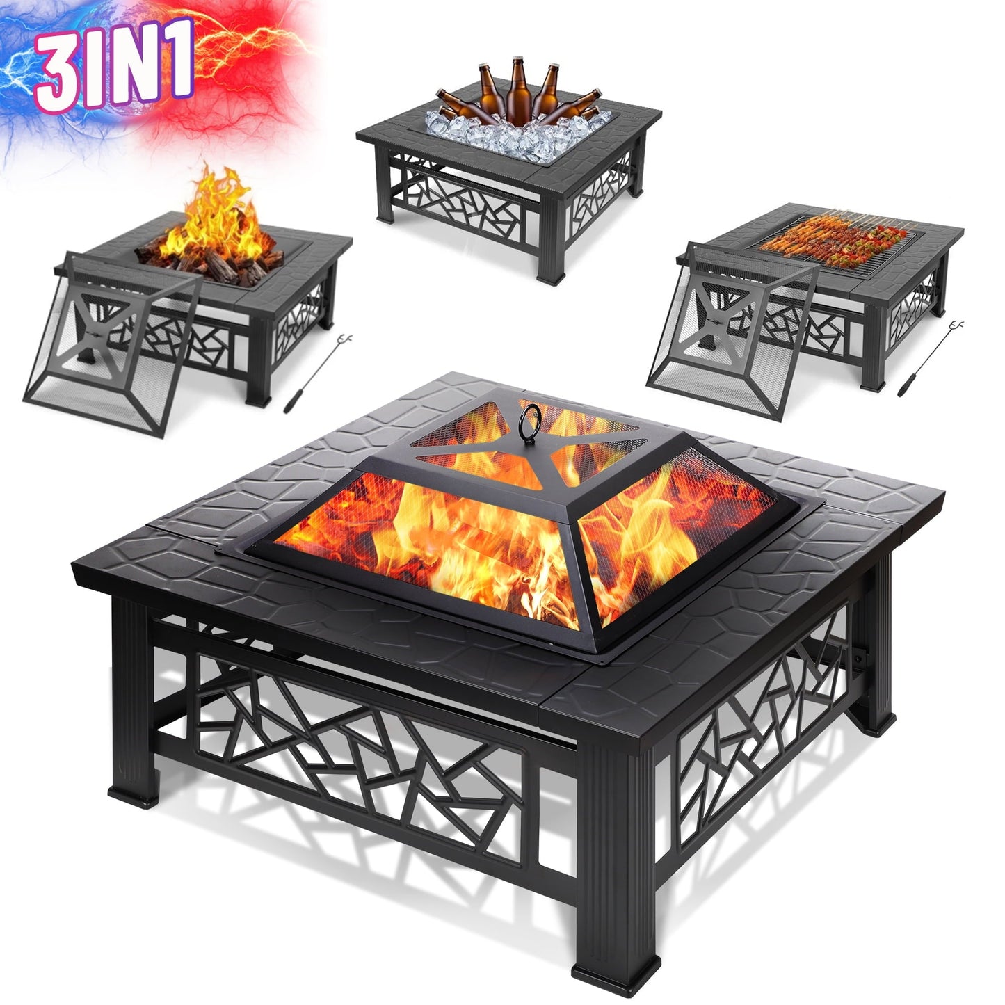 32" Fire Pits for Outside, SYNGAR Wood Burning Bonfire Fire Pit Table with Mesh Lid, Grate, BBQ Grill and Poker, Outdoor Metal Square Fire Pit for BBQ, Camping, Picnics, Backyard - Home OXO