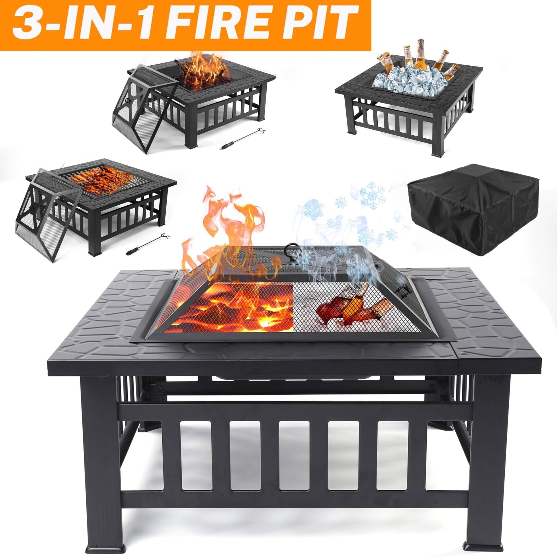 32'' Multipurpose Fire Pit, Outdoor Fire Pit Table for Net Lid/Poker, Square Bronze Firepit Stove for Outside Camping Backyard Bonfire - Home OXO