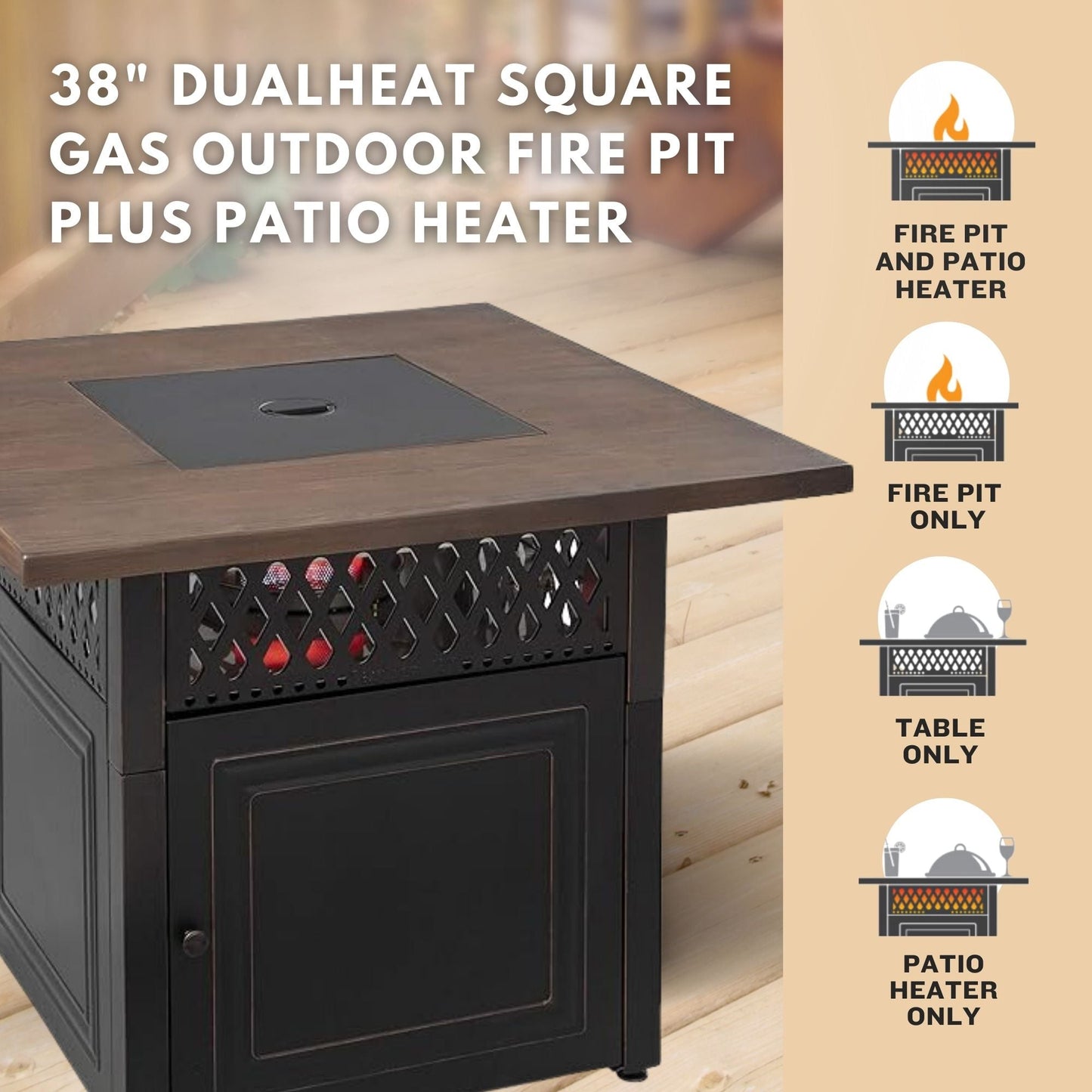 Four Seasons Courtyard Dual Heat 41,000 BTU Square Gas Fire Pit with Tabletop - Home OXO