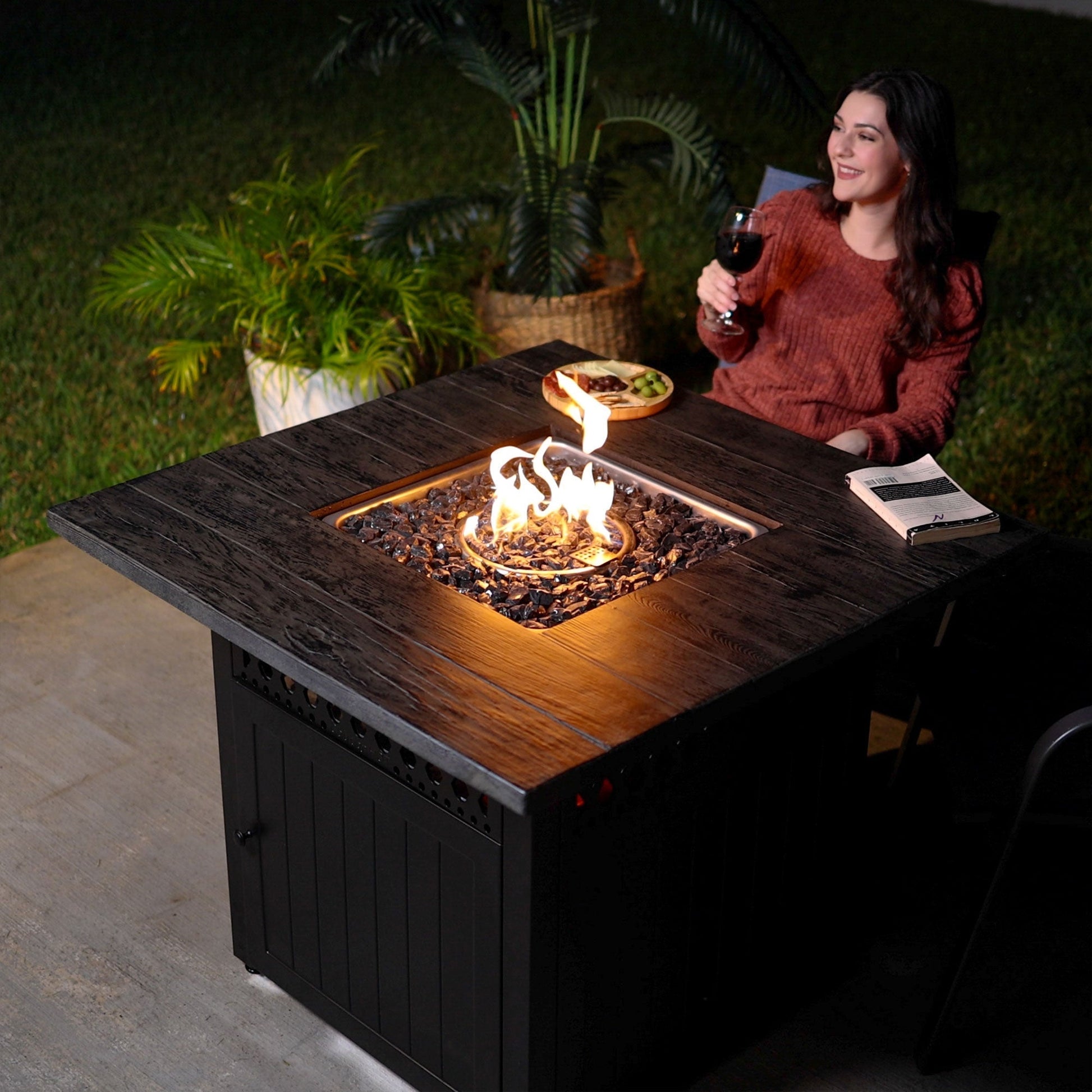 Four Seasons Courtyard Dual Heat 41,000 BTU Square Gas Fire Pit with Tabletop - Home OXO