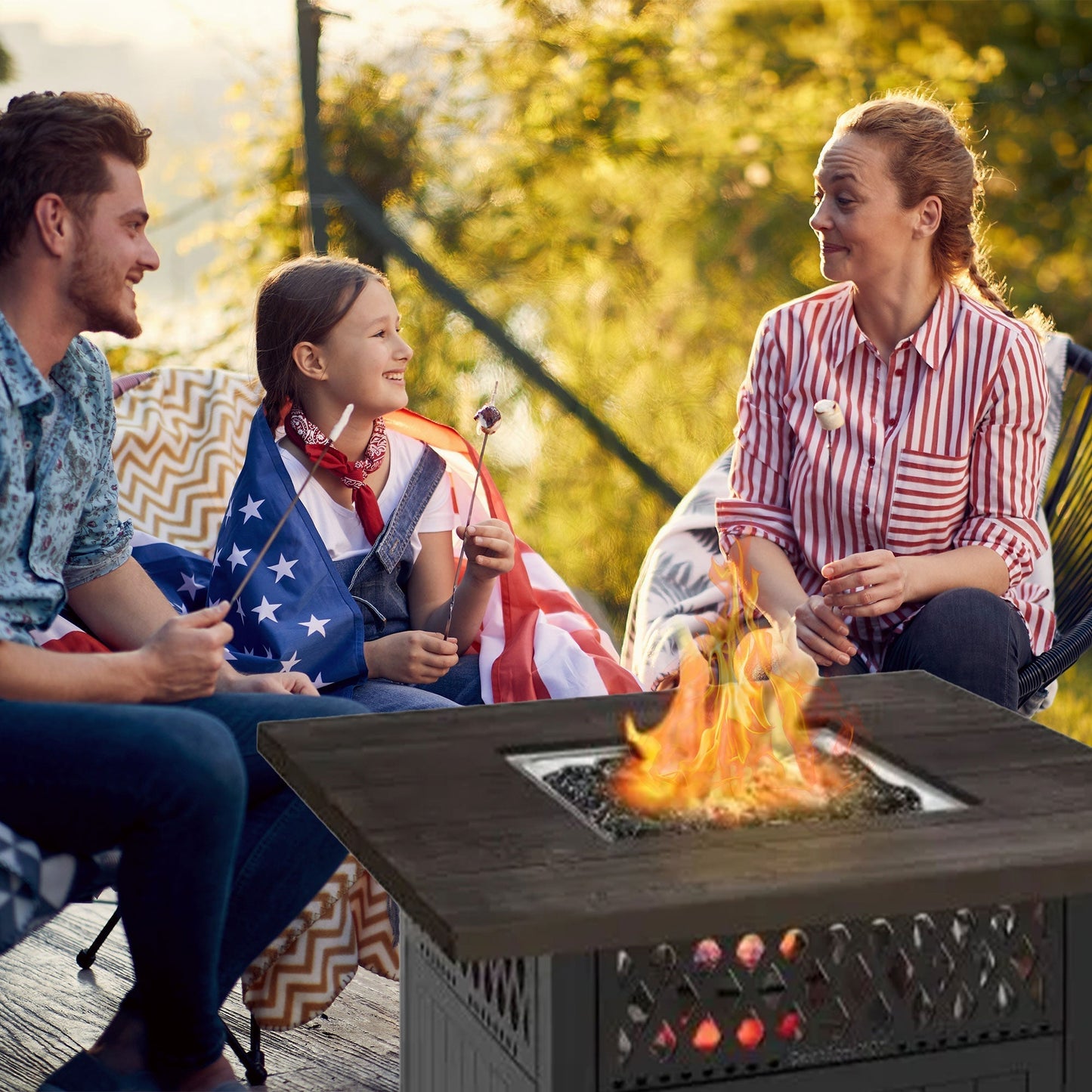 Four Seasons Courtyard Dual Heat 41,000 BTU Square Gas Fire Pit with Tabletop - Home OXO