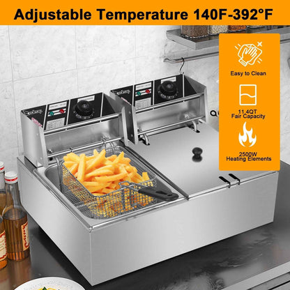 Zimtown Commercial 12L 5000W Professional Electric Countertop Deep Fryer Dual Tank Stainless Steel for Restaurant