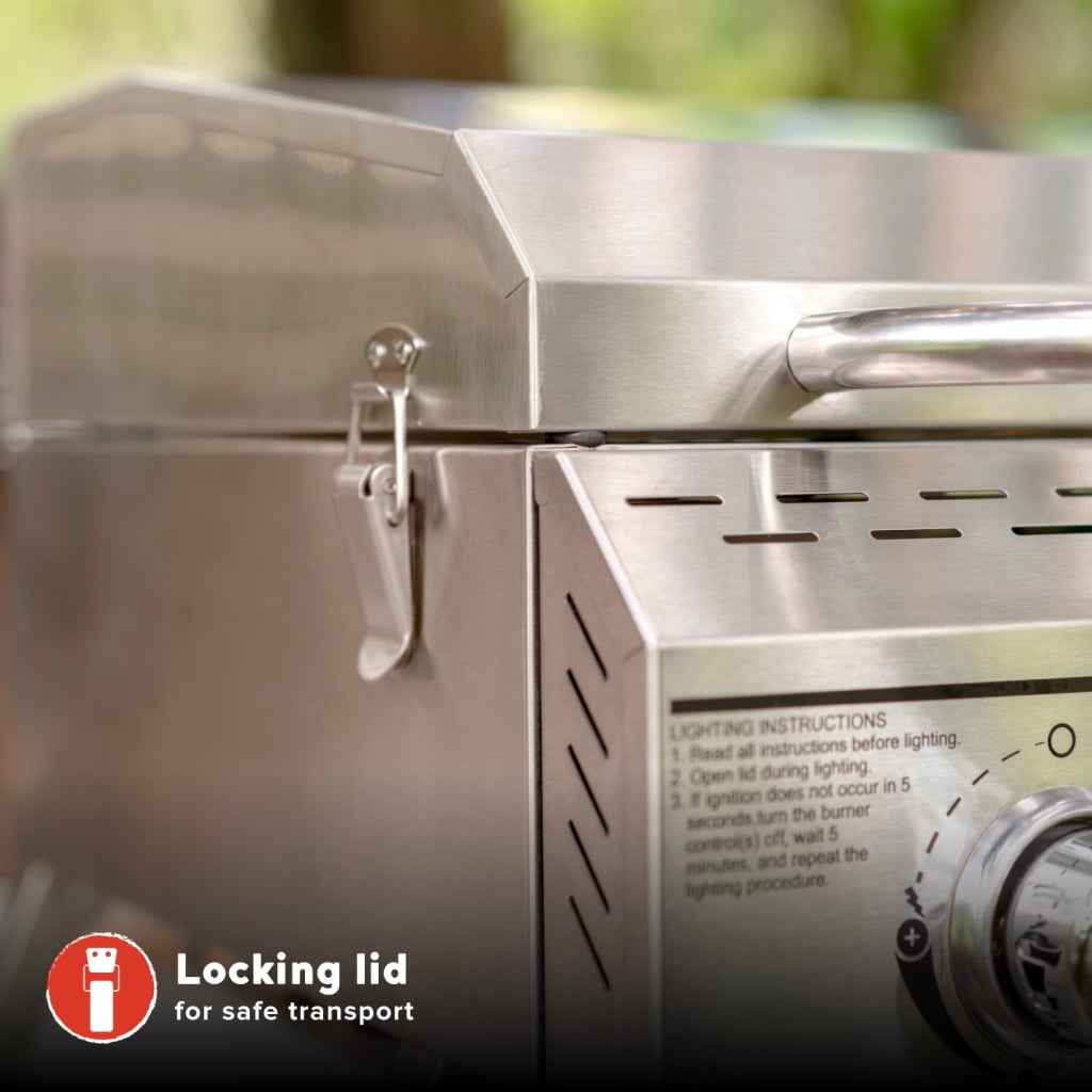 Megamaster 2-Burner Stainless Steel Portable Gas Grill with Built-In Lid, 16,000 BTUs, Foldable Legs, Small Propane Grill for Outdoor Cooking, Camping, BBQs, Patios, Tabletop, and Gardens - 820-0033M