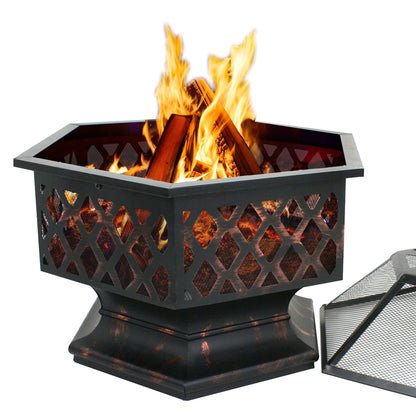 ZENSTYLE Outdoor Patio Steel Fire Pit - 24" Hex Shaped Backyard Fireplace Wood Burning Firepit Bowl - Home OXO