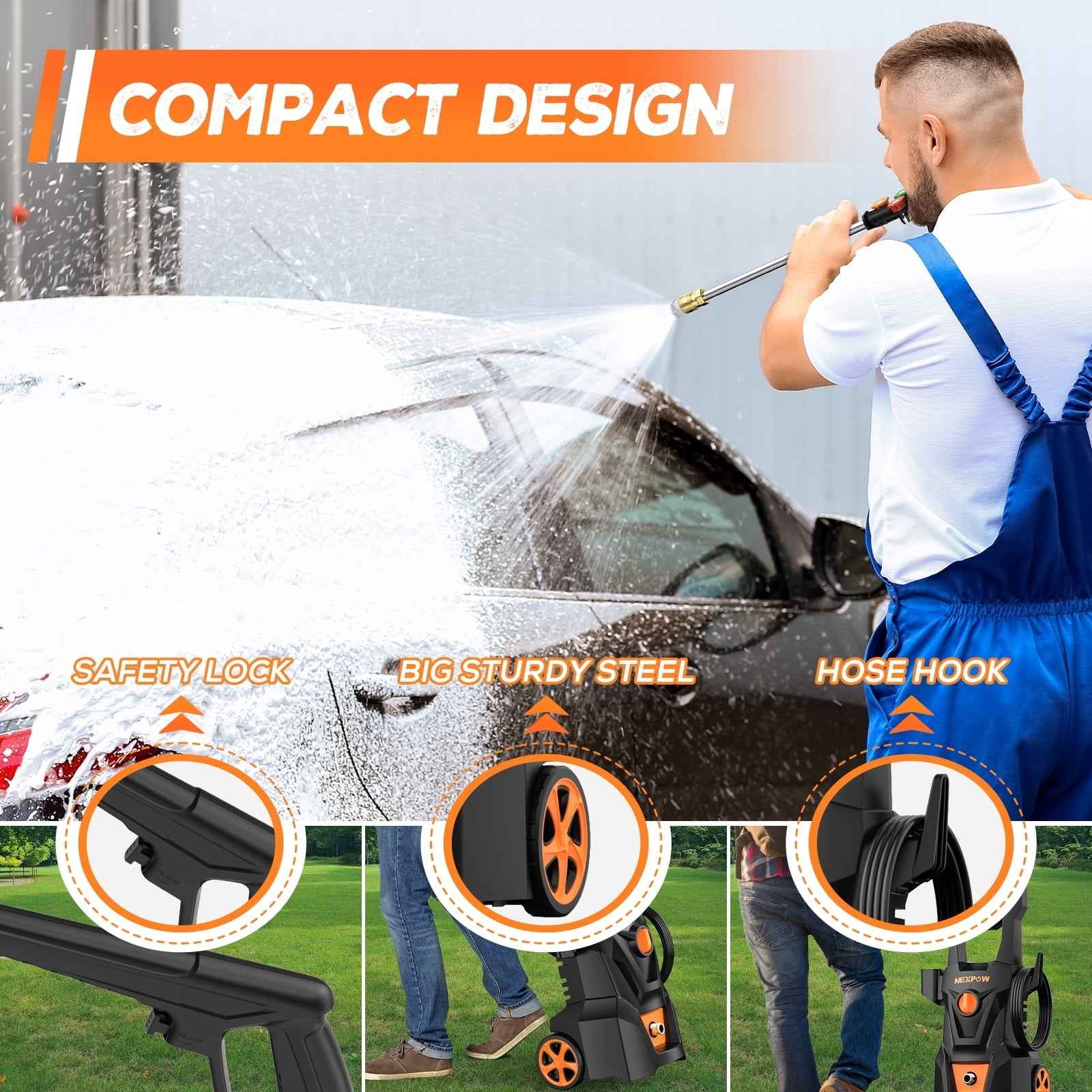 NEXPOW Electric Pressure Washer, 4000PSI Max 2.6 GPM Power Washer with 30 ft Hose, 4 Different Pressure Tips, Foam Cannon, Perfect for Cars, Patios