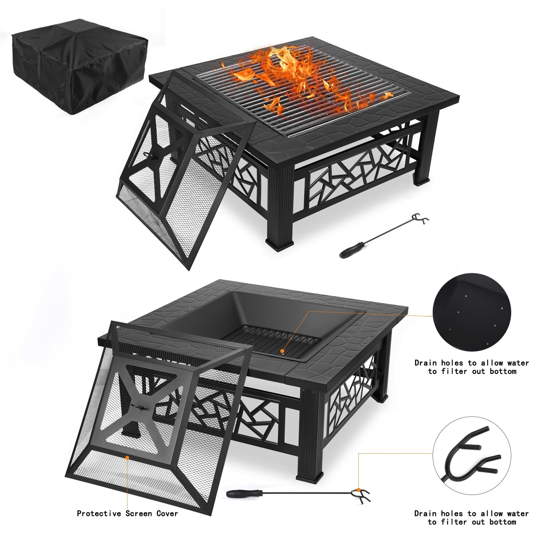 UHOMEPRO Fire Pit for Outside, 32" Square Fire Pit Table with BBQ Net, Mesh Lid, Poker and Cover, Wood Burning Outdoor Heating Fire Pit Stove for Patio, Backyard, Camping, Black - Home OXO
