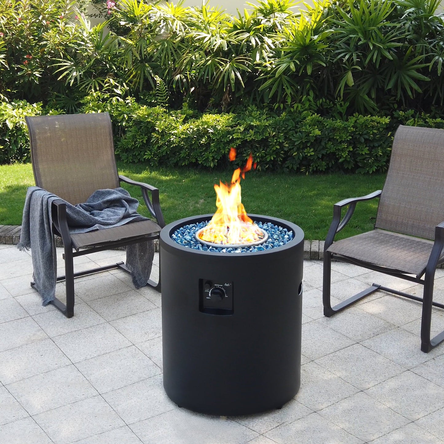 BALI OUTDOORS 23" Gas Fire Pit Propane Fire Column, 50,000BTU Round Propane Fire Pit Table with Glass Stones - Home OXO