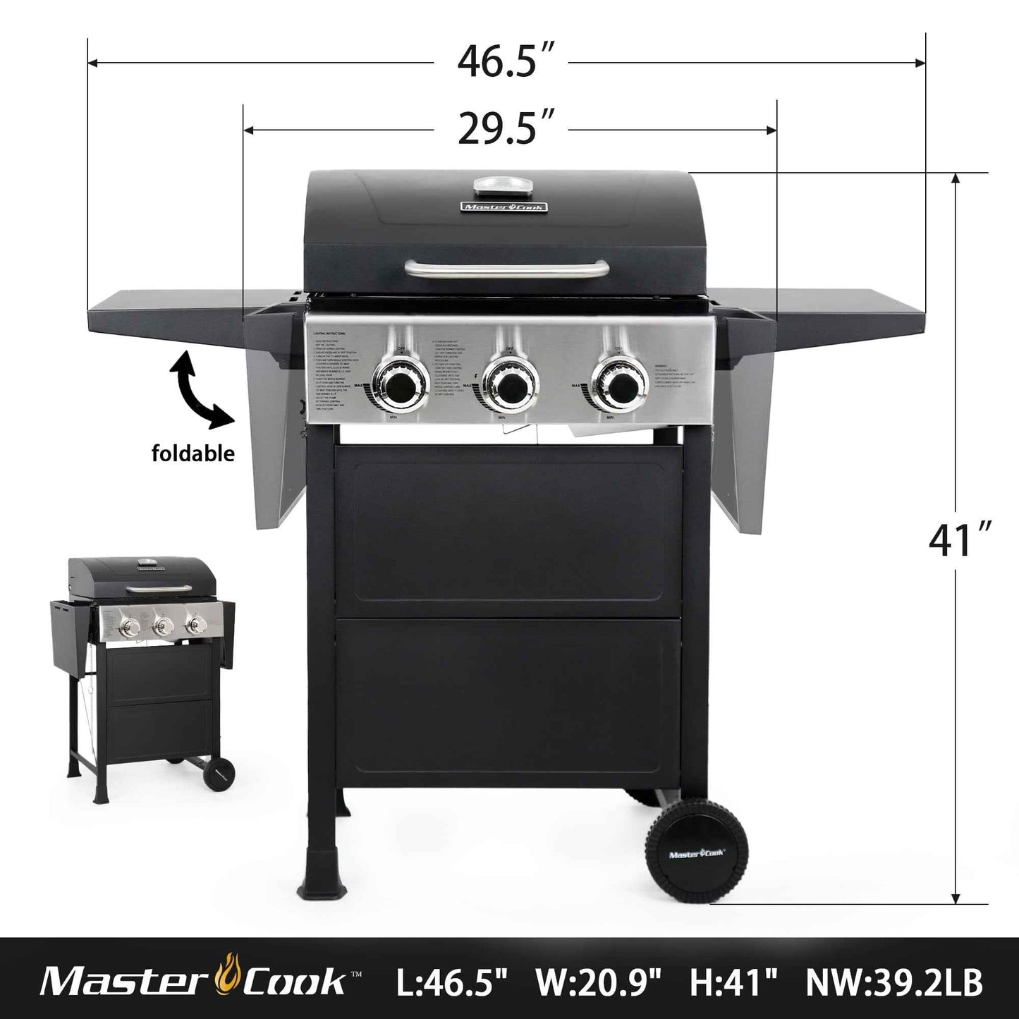 MASTER COOK 3 Burner BBQ Propane Grill, 30,000 BTU Patio Garden Barbecue Gas Grill with Two Foldable Shelves