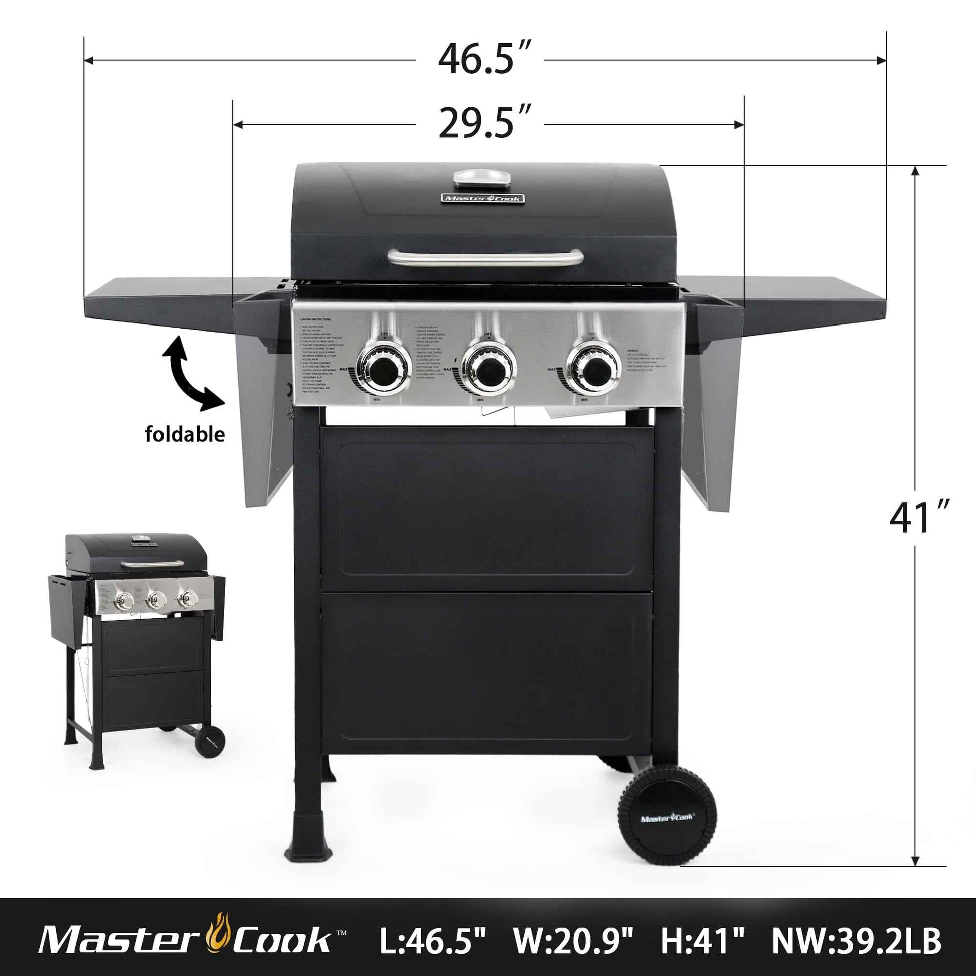 MASTER COOK 3 Burner BBQ Propane Grill, 30,000 BTU Patio Garden Barbecue Gas Grill with Two Foldable Shelves