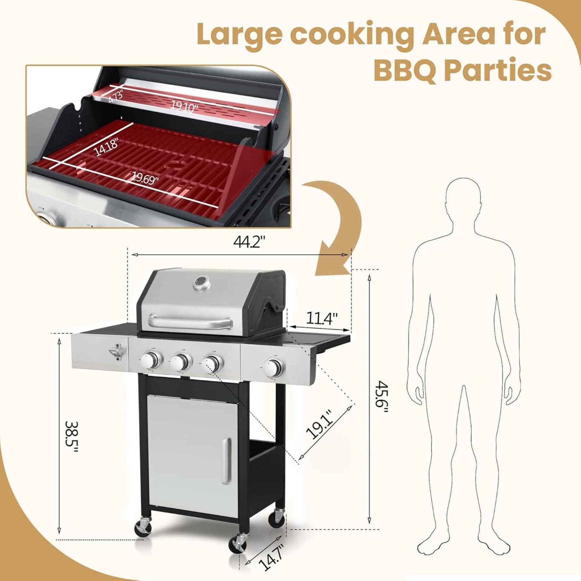 Furnibear 3-Burner Gas Grill Side Burner, Propane Stainless Steel BBQ Grill with Porcelain-Enameled Cast Iron Grates, 37150 BTU Barbecue Grill for Outdoor Cooking