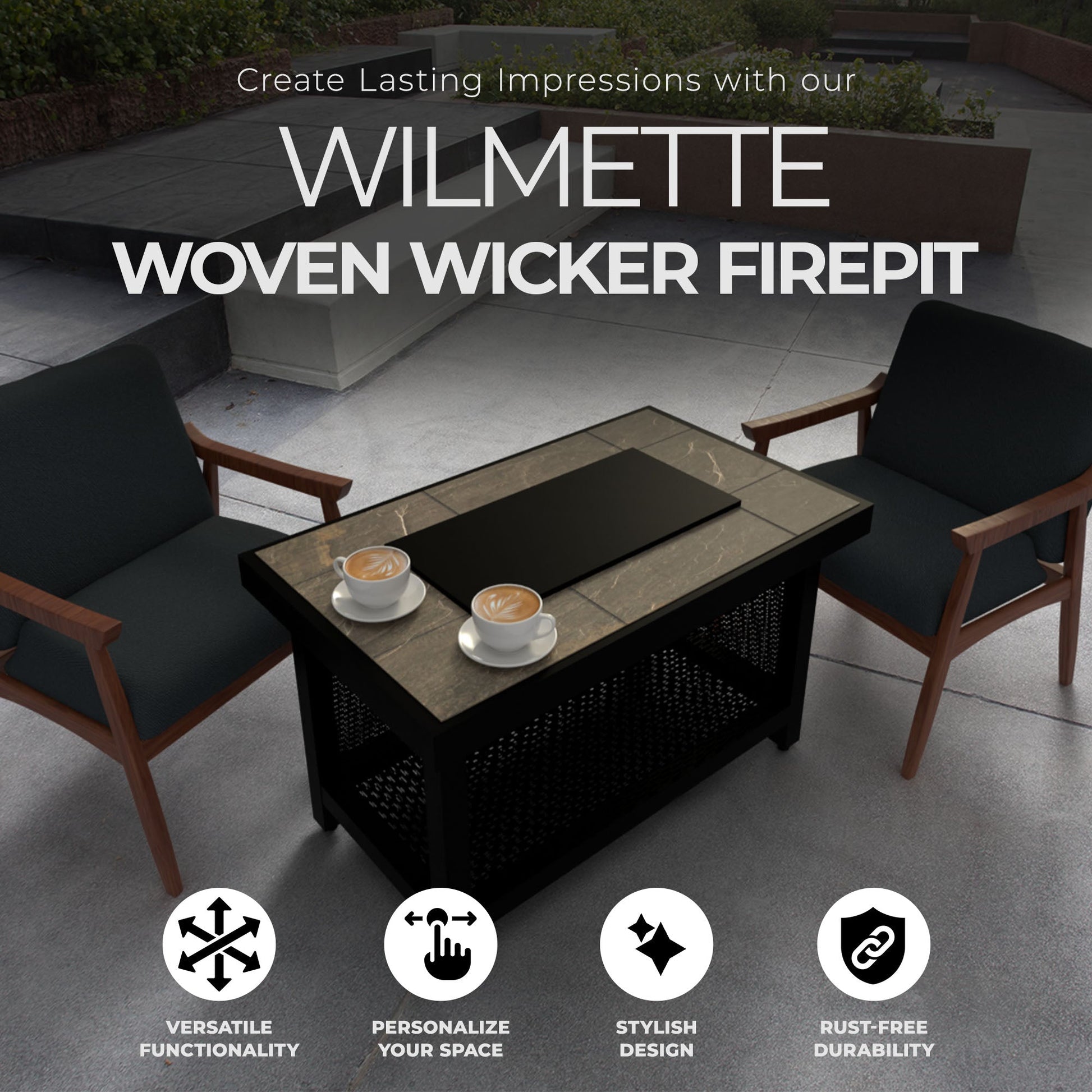 Four Seasons Courtyard Wilmette Firepit Woven Wicker with Grouted Stone Top - Home OXO