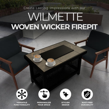 Four Seasons Courtyard Wilmette Firepit Woven Wicker with Grouted Stone Top - Home OXO