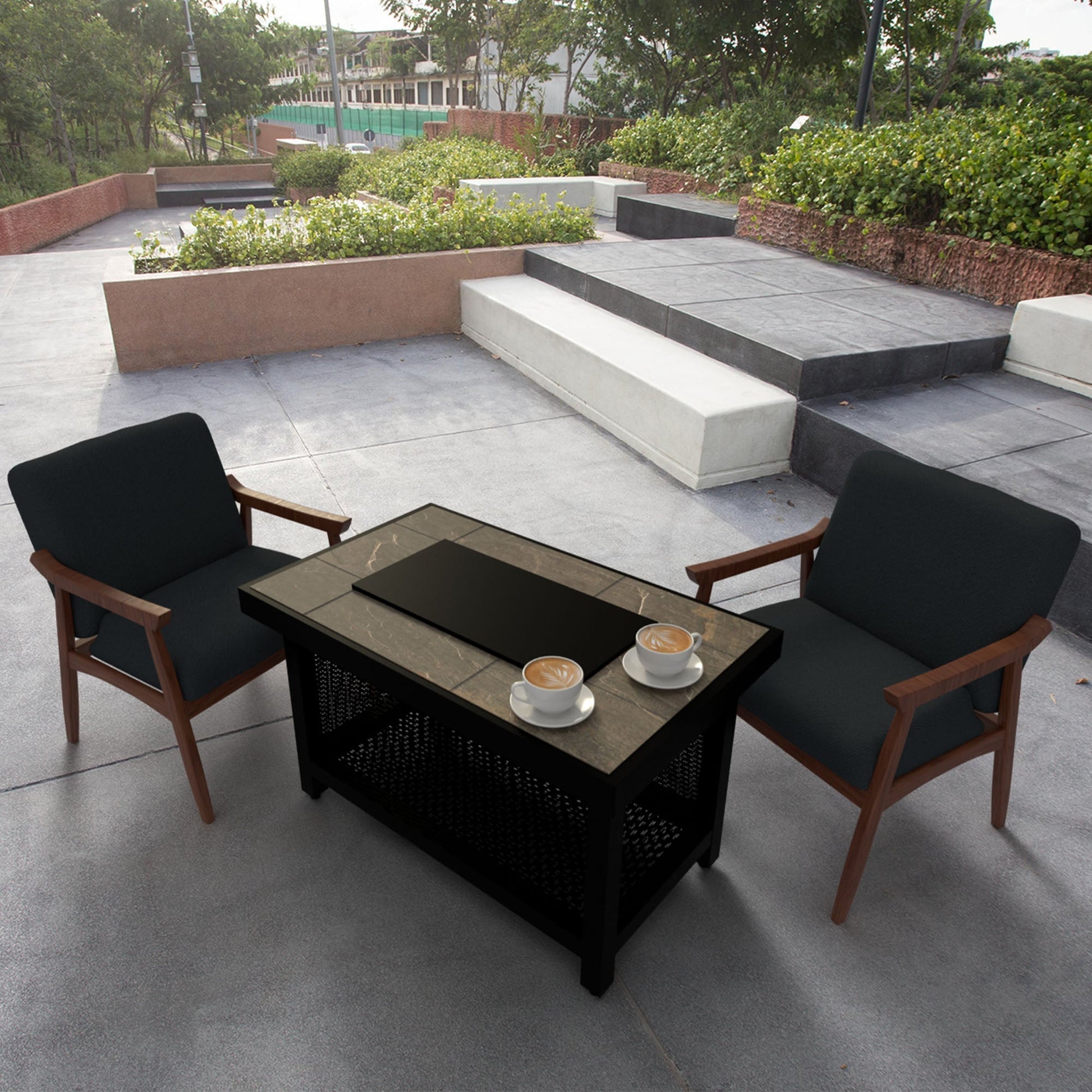 Four Seasons Courtyard Wilmette Firepit Woven Wicker with Grouted Stone Top - Home OXO
