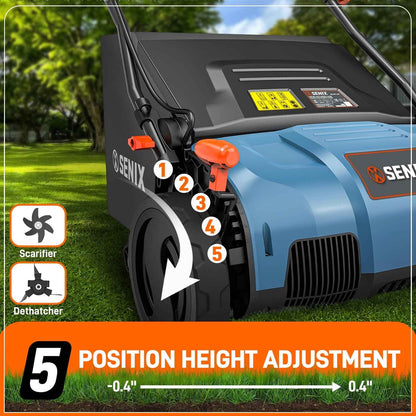 SENIX Corded Dethatcher/Scarifier 2 in 1, 15" 13Amp, 5-Position Adjustment with Collection Bag, SCE13-M