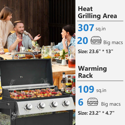 4-Burner Propane Gas Grill, 34,000 BTU Propane BBQ Grill with Thermometer, Bottle Opener, and Tool Hooks, Ideal for Patio Camping Outdoor Cooking