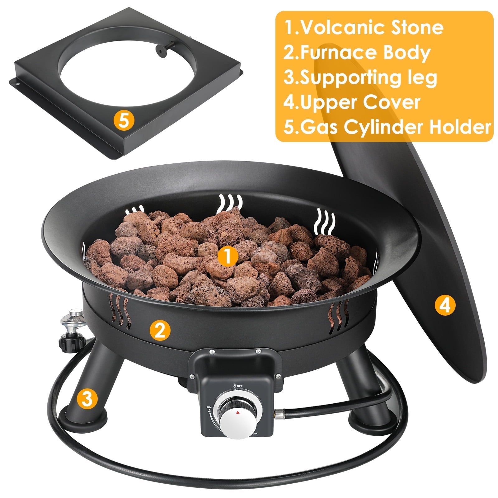 Pirecart 24 inch Portable Fire Pit 58,000 BTU Outdoor Propane Gas Fire Pit Bowl with Cover & Lava Rock - Home OXO