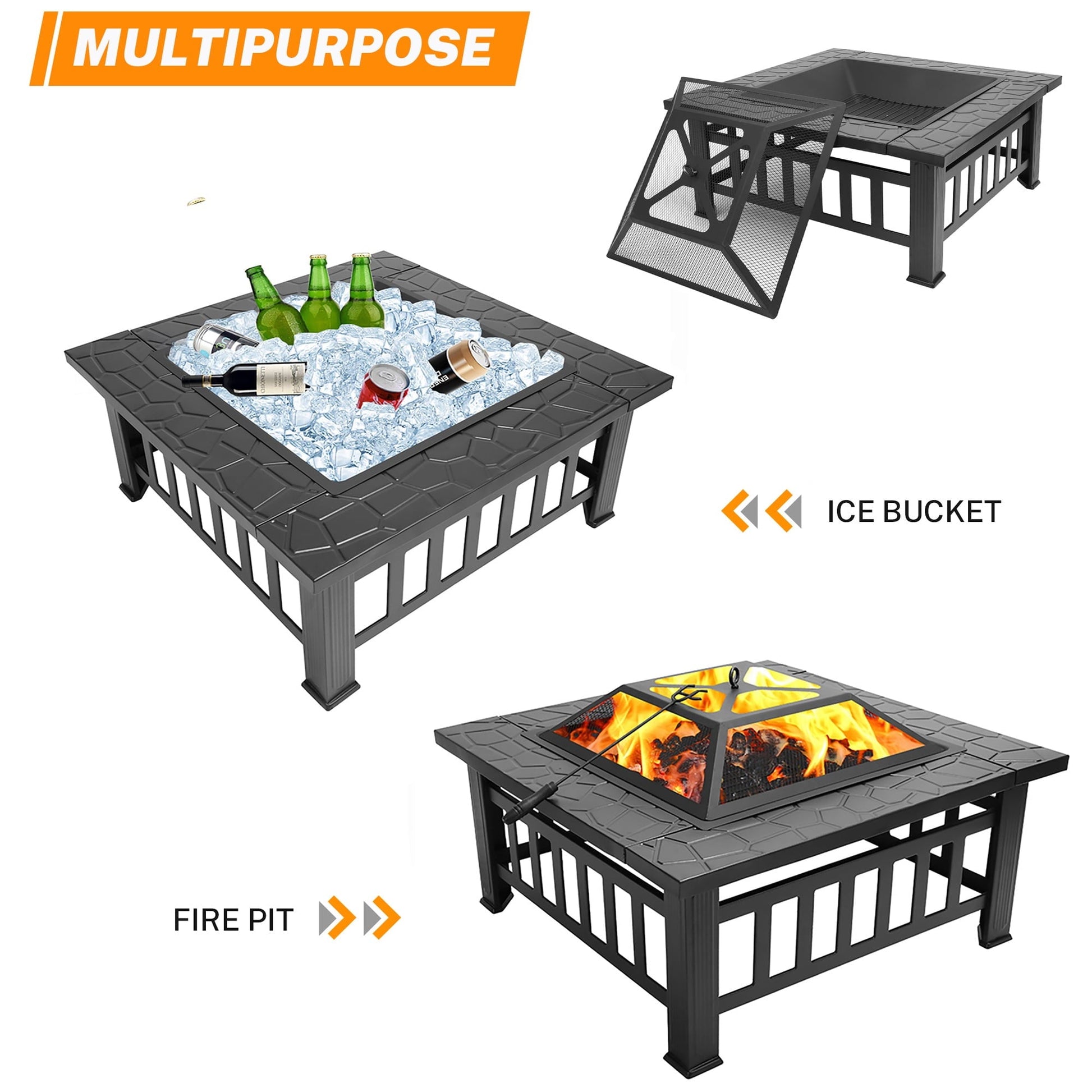 32'' Multipurpose Fire Pit, Outdoor Fire Pit Table for Net Lid/Poker, Square Bronze Firepit Stove for Outside Camping Backyard Bonfire - Home OXO