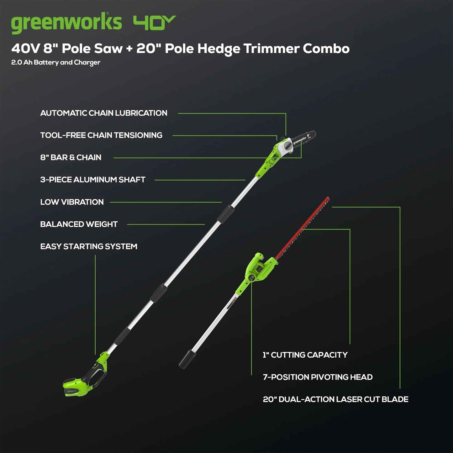 Greenworks 40V 20" Battery Powered Pole Saw with Hedge Trimmer Attachment + 2.0 Ah Battery and Charger