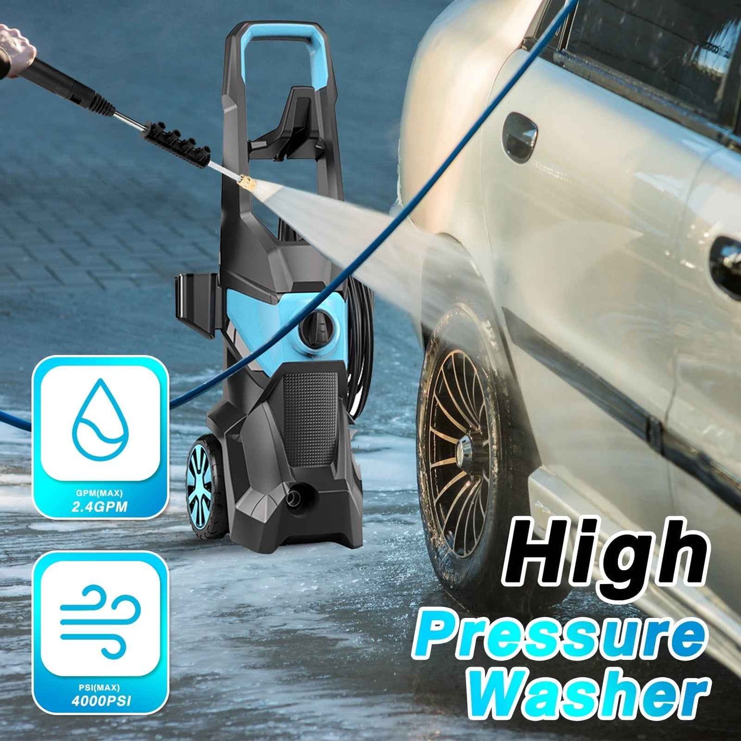 TEBRU Electric Pressure Washer, 3000PSI Max 2.4 GPM Power Washer with 32 ft Hose, 4 Quick Connect Nozzles, Foam Cannon, Suitable for Clean Cars, Patios, Driveways, Fences, Pool