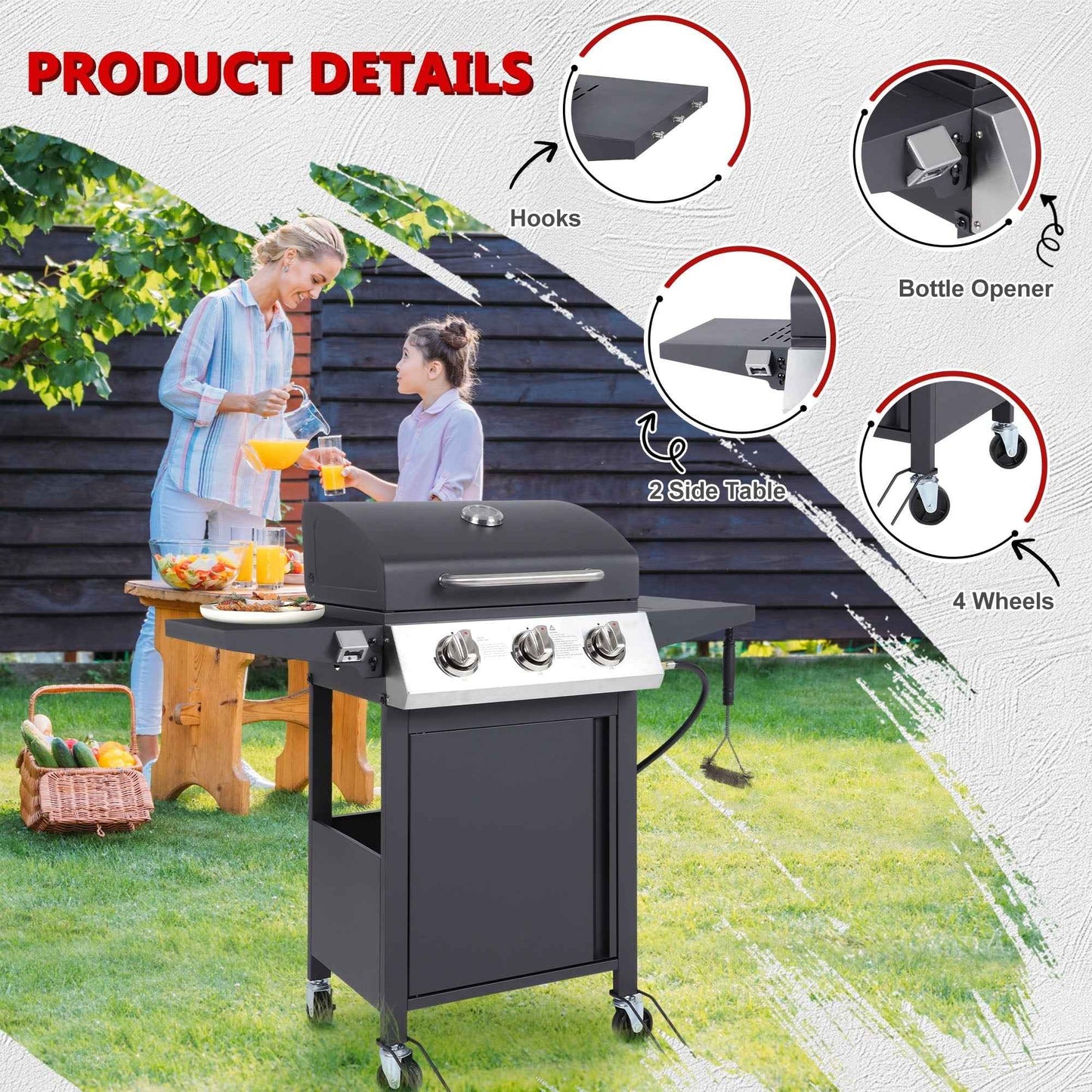 30000 BTU Gas Grill with 4 Universal Wheels, 3 Burners Outdoor BBQ Grill with Steel Brush & Thermometer for Outdoor Camping