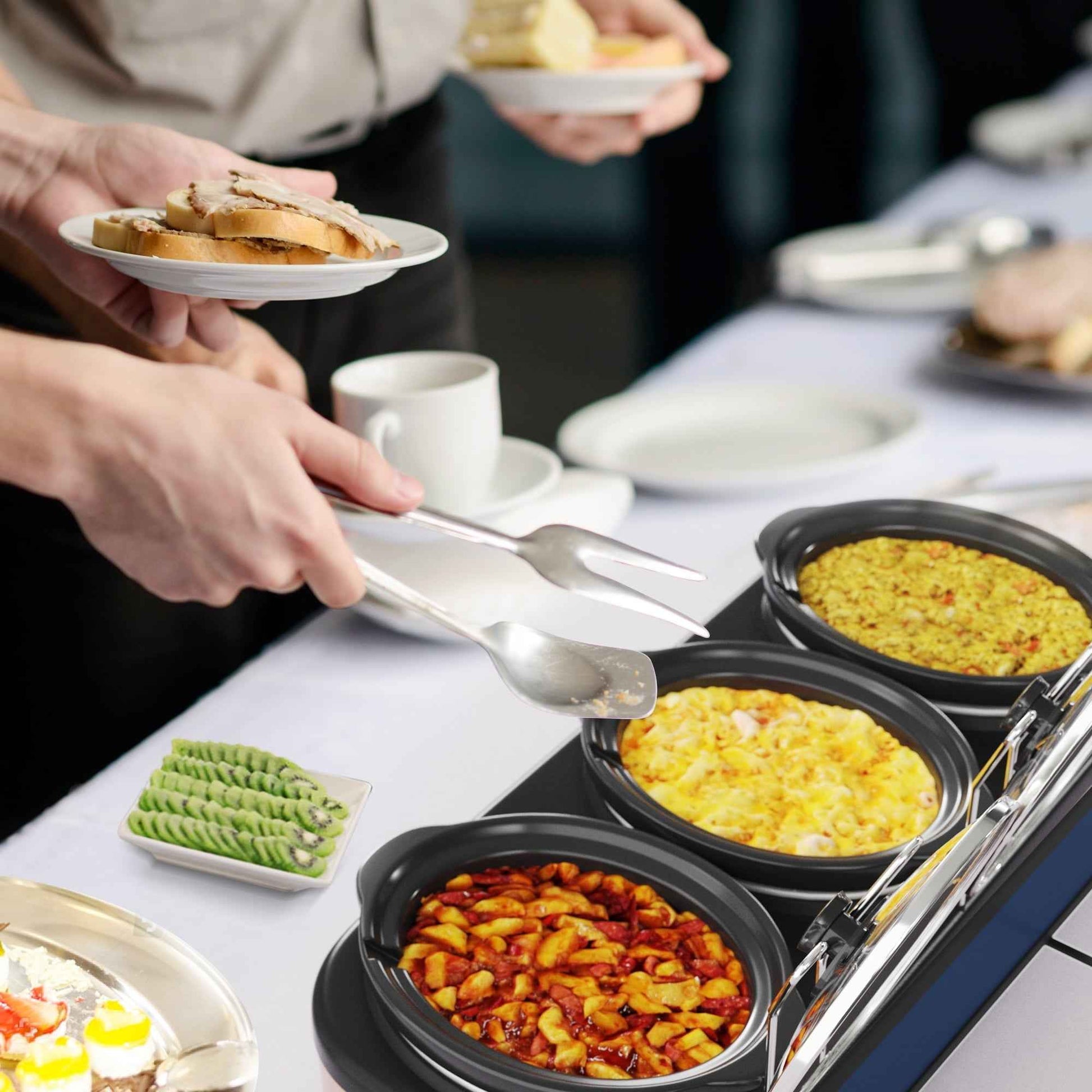 May in Color Triple Slow Cooker Food Warmer, 3 Removable Ceramic Pots (2.5 QT Each), Adjustable Temp & Stainless Steel Lids, Blue