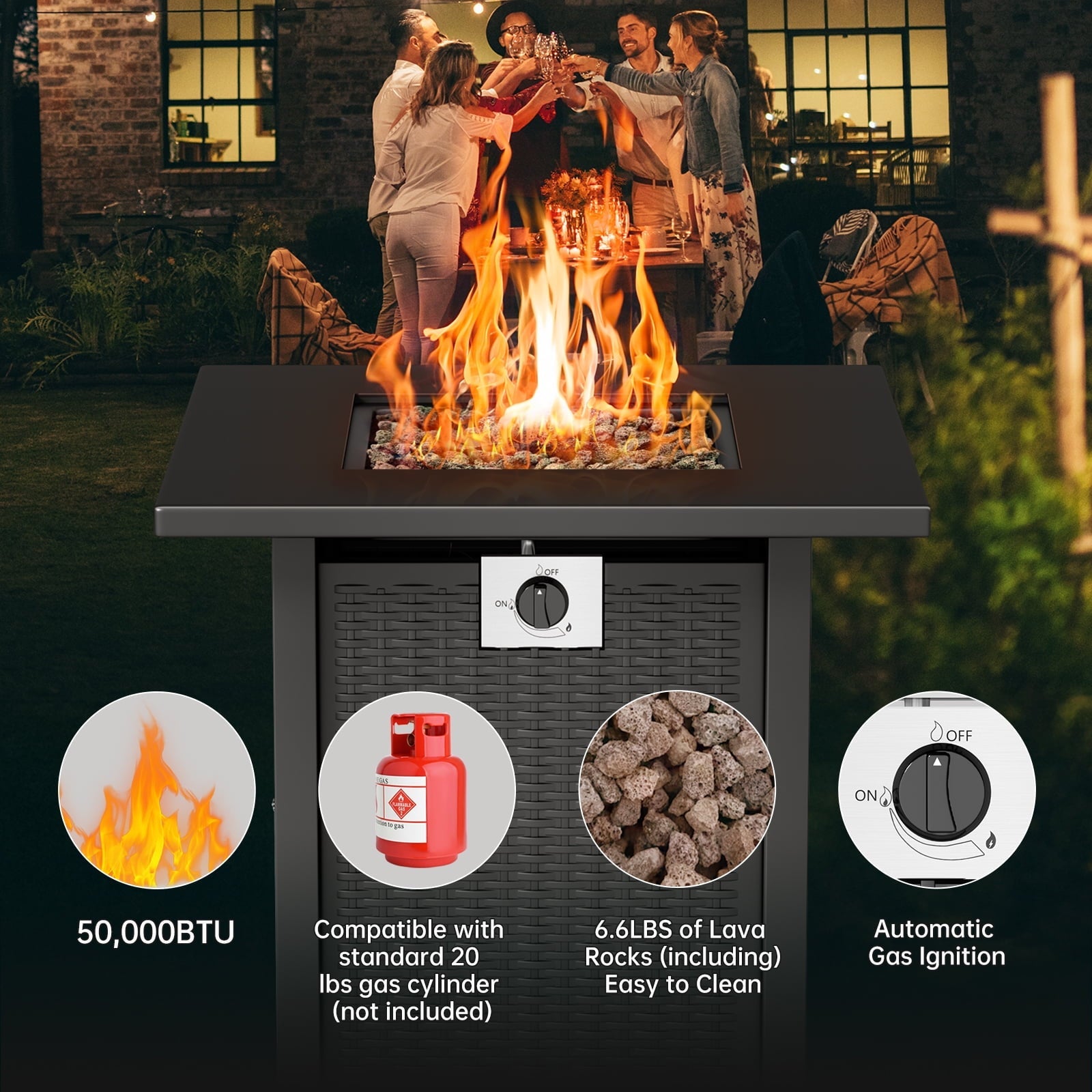 KingChii 28 inch Propane Fire Pit with Lid and Lava Rock, 50,000 BTU Steel Gas Fire Pit Table for Outdoor, Garden, Patio and Backyard, Black - Home OXO