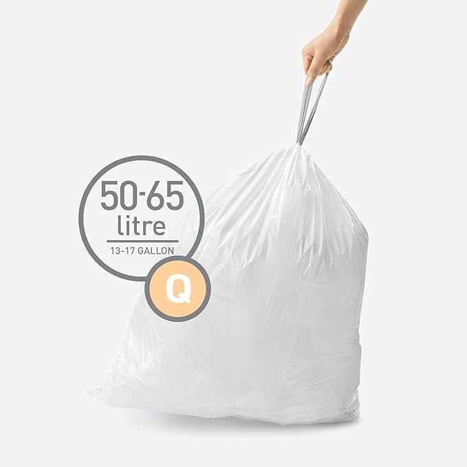 simplehuman Code Q Custom Fit Drawstring Trash Bags in Dispenser Packs, 200 Count, 50-65 Liter / 13-17 Gallon, White