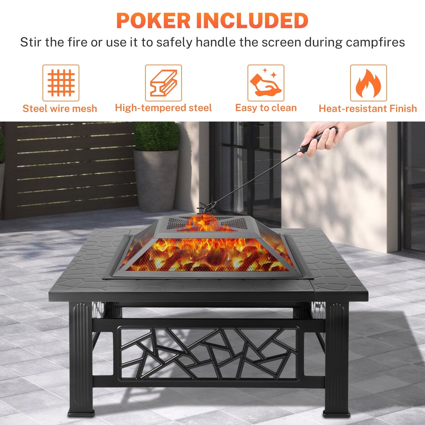 32" Fire Pits for Outside, Updated Segmart Outdoor Firepit with Fireplace Screen, Lid Square Wood Burning Fireplace Heater/Ice Pit for Camping, Outdoor Heating, Bonfire and Picnic, Black - Home OXO