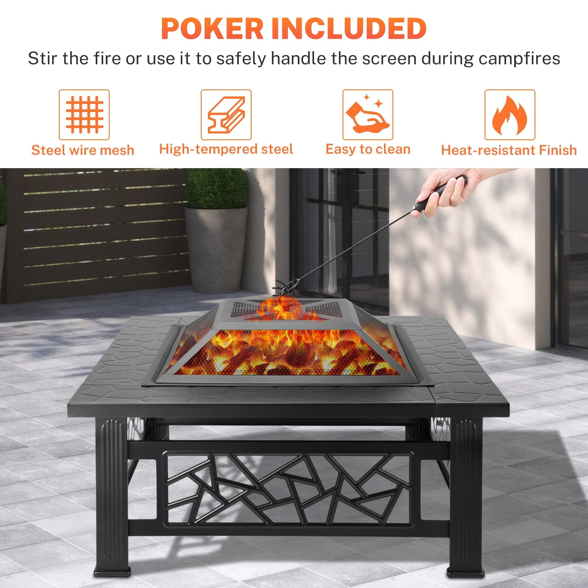 32" Fire Pits for Outside, Updated Segmart Outdoor Firepit with Fireplace Screen, Lid Square Wood Burning Fireplace Heater/Ice Pit for Camping, Outdoor Heating, Bonfire and Picnic, Black - Home OXO