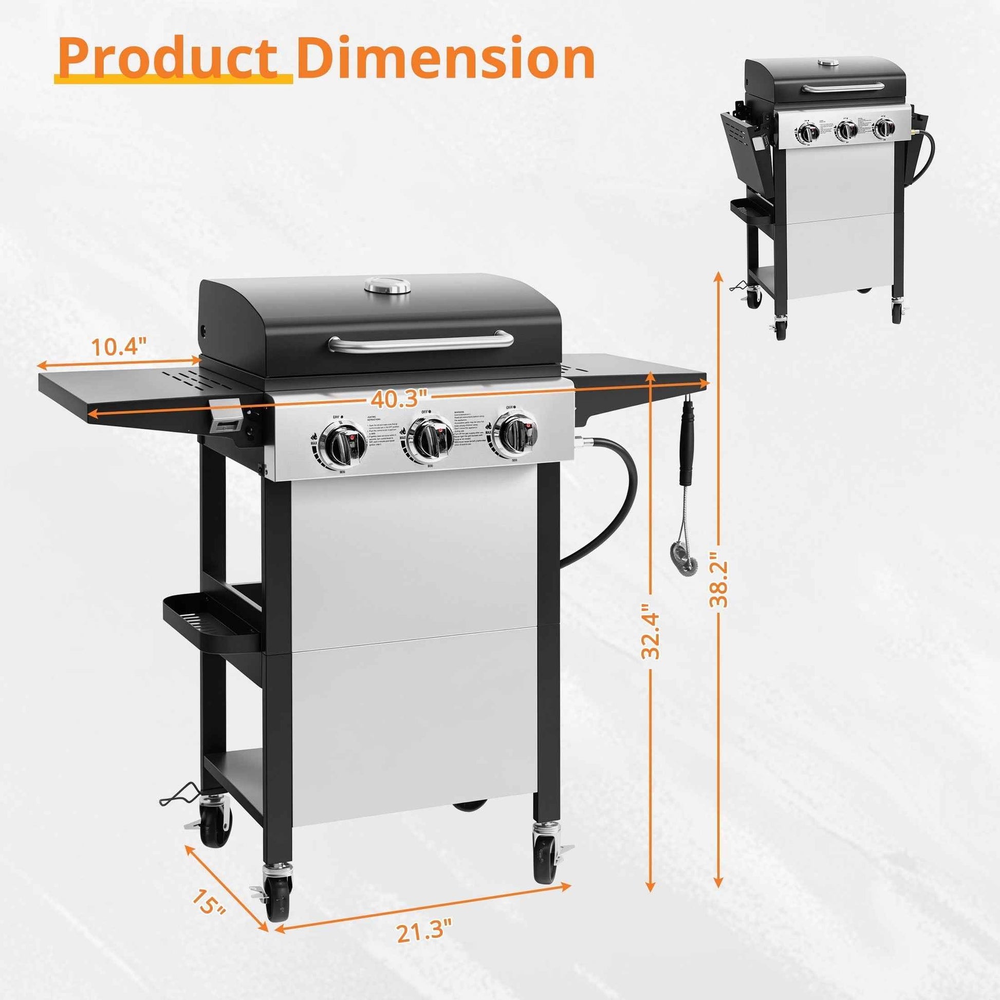 Enyopro 3-Burner Propane Gas Grill, 30000 BTU BBQ Grill with Foldable Side Table, Stainless Steel Warming Rack, Hooks, and Built-In Bottle Opener for Outdoor Barbecue