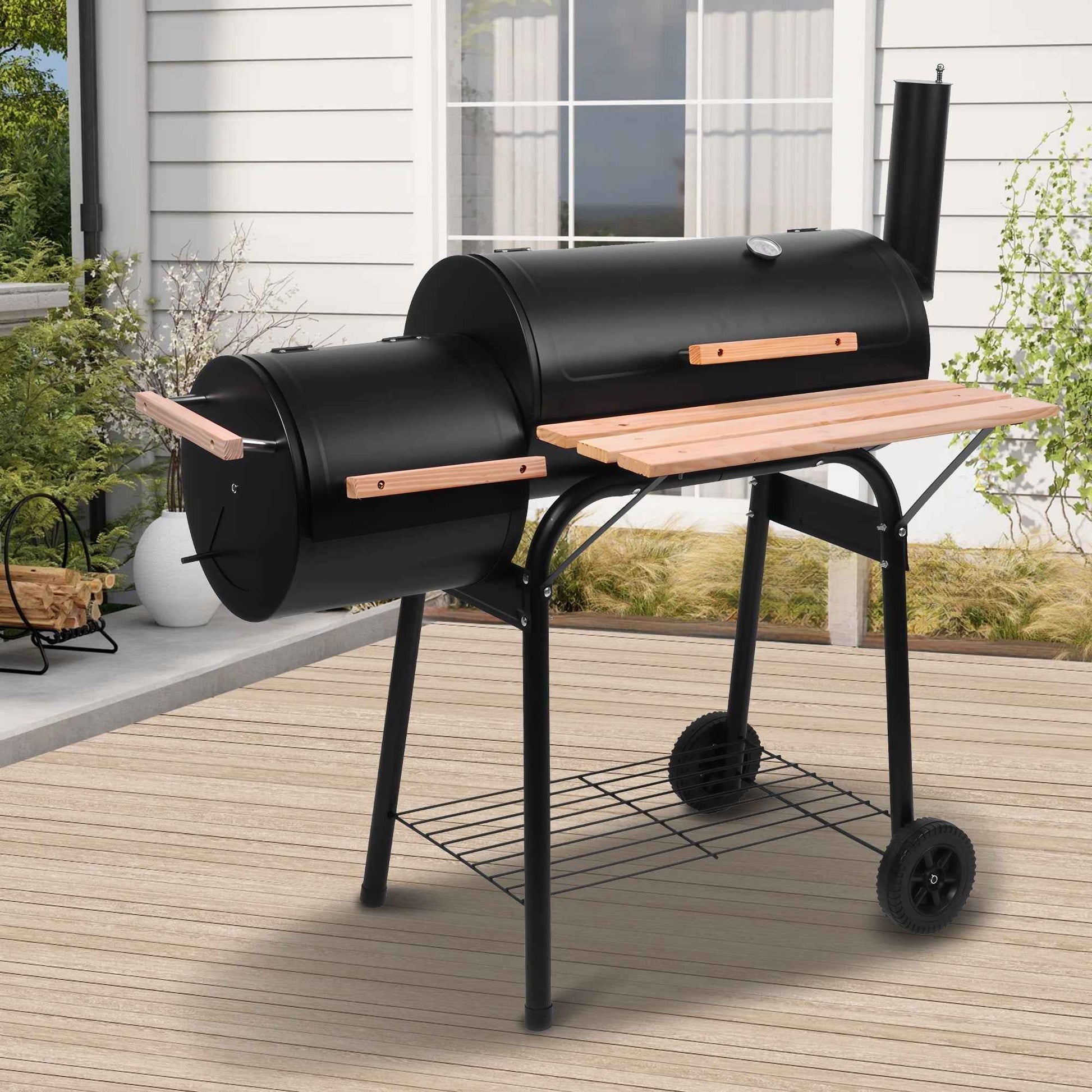 Seizeen Charcoal Grill w/Smoker, Outdoor BBQ Grill with Side Table, Portable Offset Smoker W/2-Zone Area