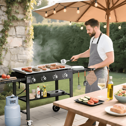 SUGIFT 36" 4-Burner Propane Gas Griddle, 60,000 BTU Flat Top Grill with Side Shelf for Outdoor BBQ & Camping