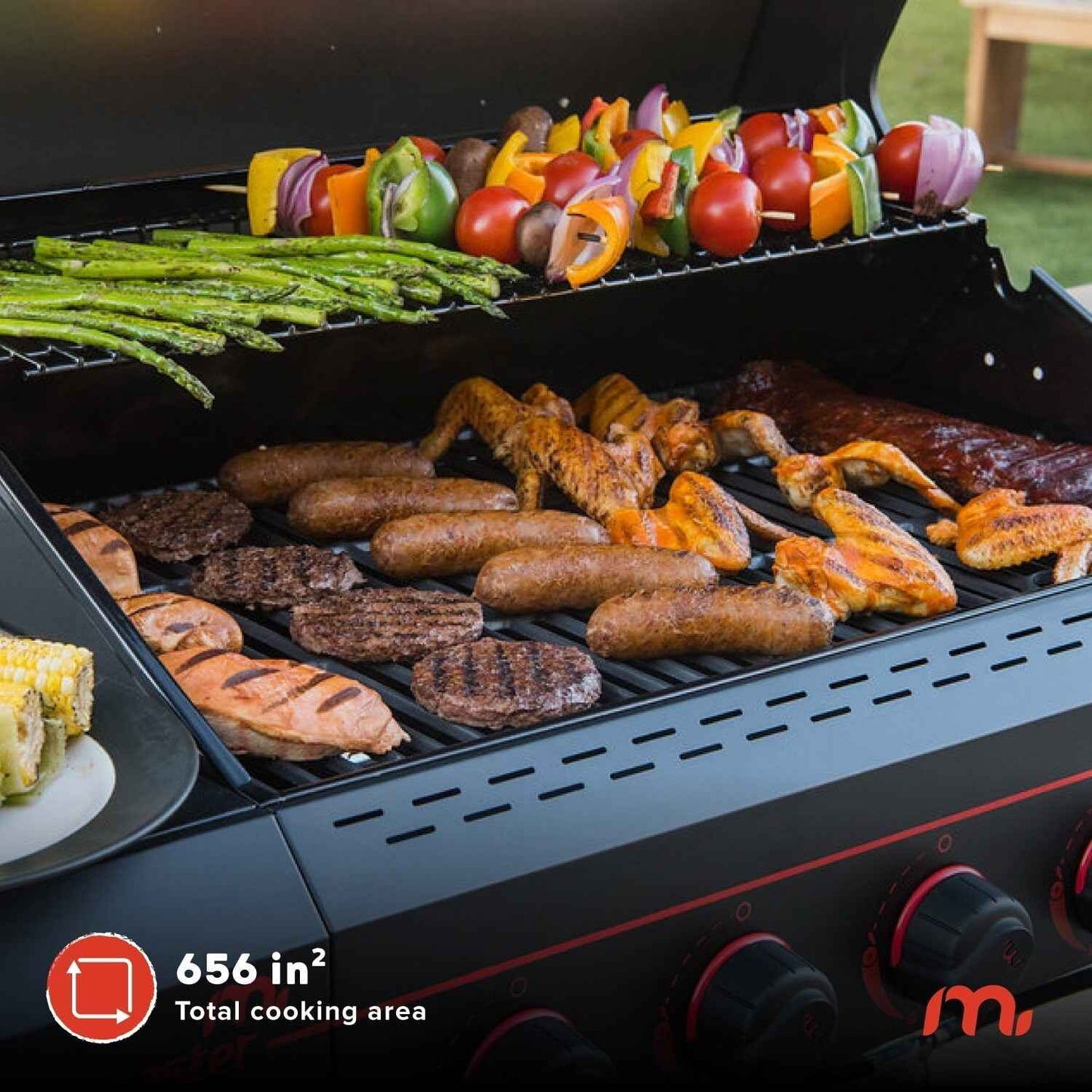 Megamaster 5-Burner Propane Gas Grill with Side Tables, Accessory Hooks, 50,000 BTUs, 656 SQ. In. Cooking Space, 2 Wheel Transport, Outdoor Kitchen Grill for BBQs, Backyards, and More - 720-0982