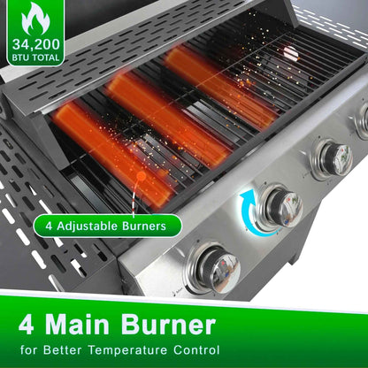 Seizeen 4 Burner Propane Gas Grill, Powerful 34,200BTU Outdoor BBQ Grill on Wheels, Stainless Steel Grill with Thermometer Foldable Table Storage Box, for RV Party Camping Patio