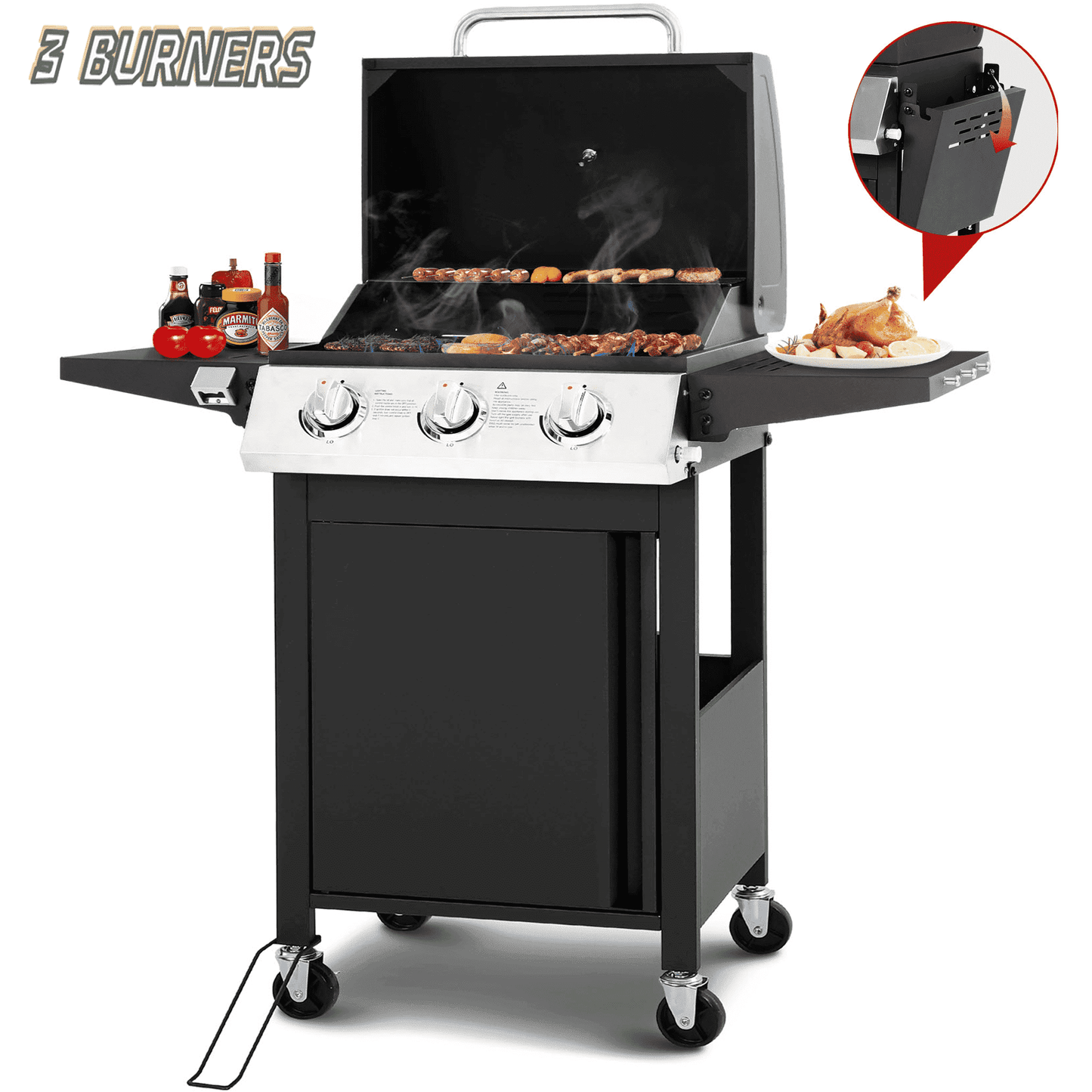 30000 BTU Gas Grill with 4 Universal Wheels, 3 Burners Outdoor BBQ Grill with Steel Brush & Thermometer for Outdoor Camping - Home OXO